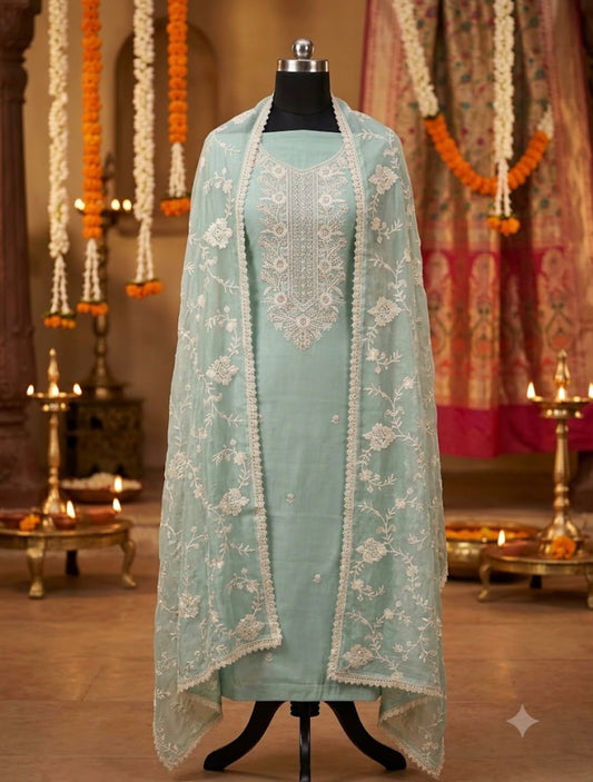 Sky Blue White Thread work