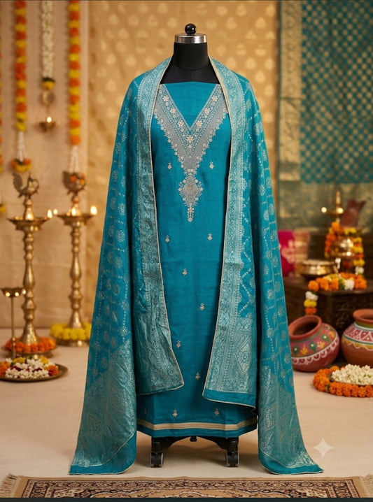 Teal Blue  Silver Neck work Unstitched Suit
