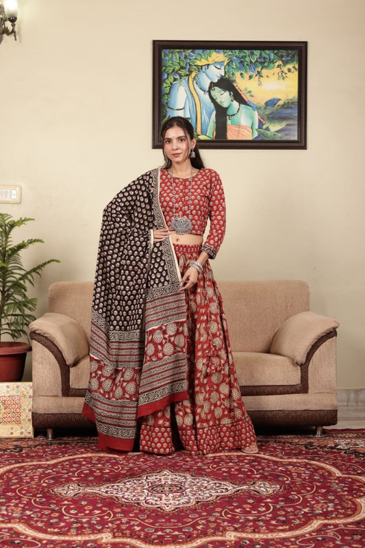 Bagru hand block printed  cotton designer top & skirt with mulmul duptta available..( lehenga choli