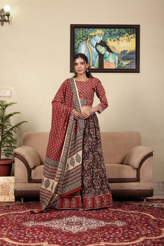 Bagru hand block printed  cotton designer top & skirt with mulmul duptta available..( lehenga choli)