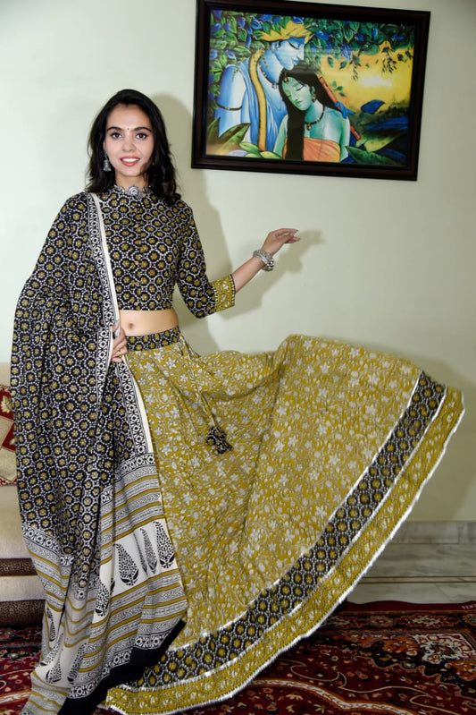 Bagru hand block printed  cotton designer top & skirt with mulmul duptta available..( lehenga choli)