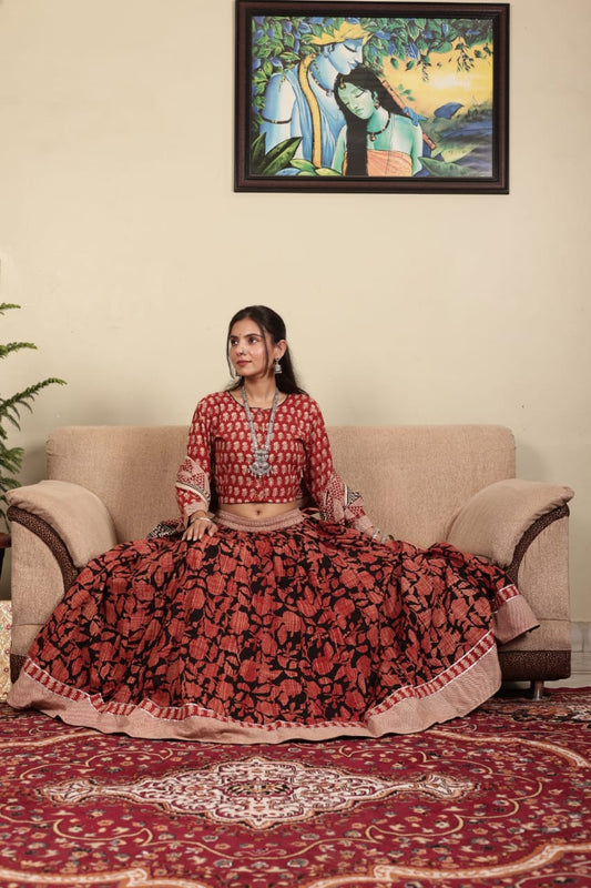 Bagru hand block printed  cotton designer top & skirt with mulmul duptta available..( lehenga choli)