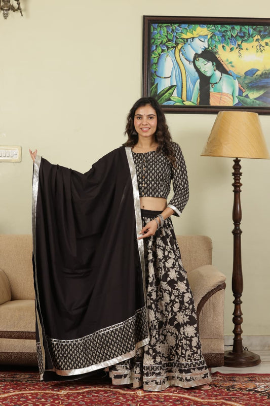 Bagru hand block printed  cotton designer top & skirt with mulmul duptta available..( lehenga choli)
