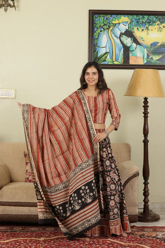 Bagru hand block printed  cotton designer top & skirt with mulmul duptta available..( lehenga choli)
