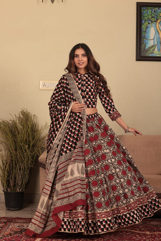Bagru hand block printed  cotton designer top & skirt with mulmul duptta available..( lehenga choli)
