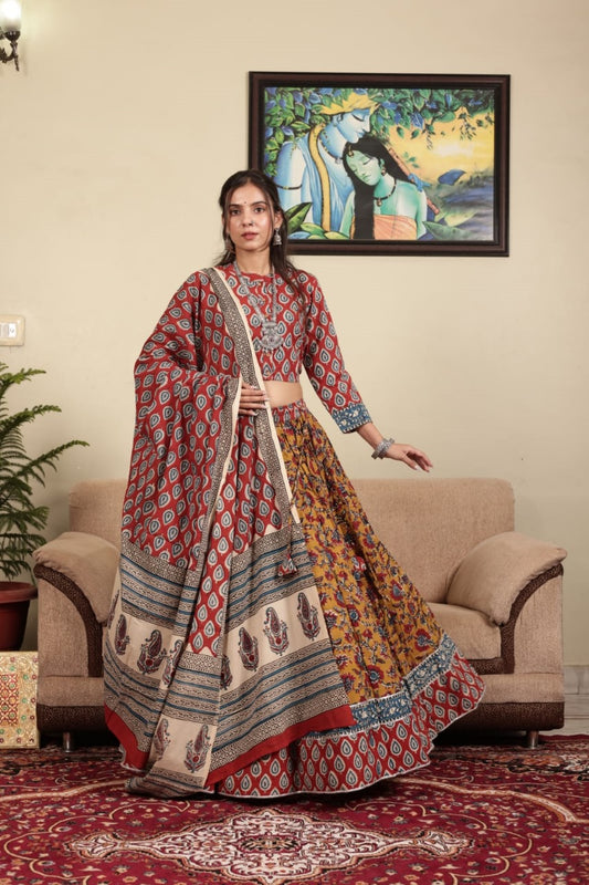 Bagru hand block printed  cotton designer top & skirt with mulmul duptta available..( lehenga choli)