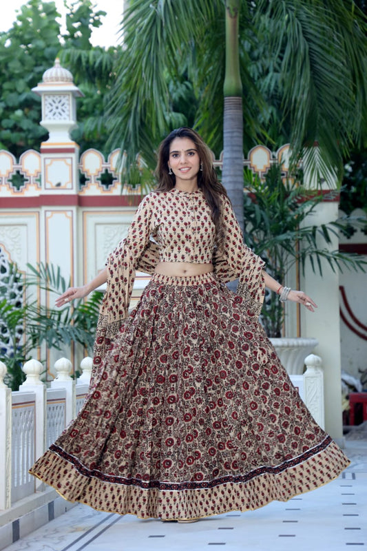 Bagru hand block printed  cotton designer top & skirt with mulmul duptta available..( lehenga choli)