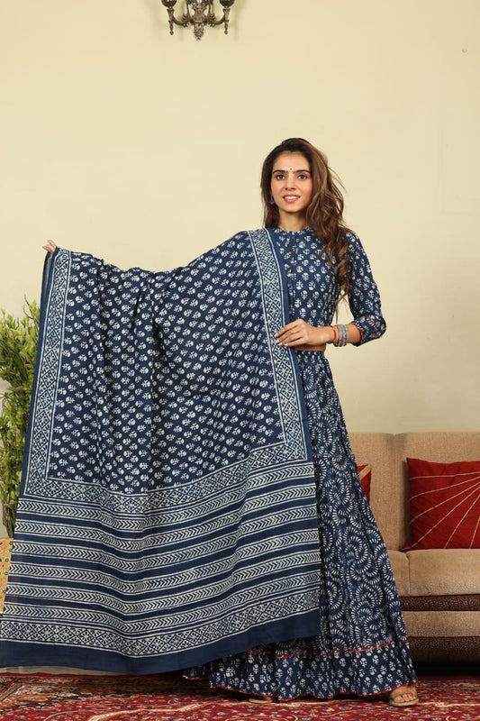 Bagru hand block printed  cotton designer top & skirt with mulmul duptta available..( lehenga choli)