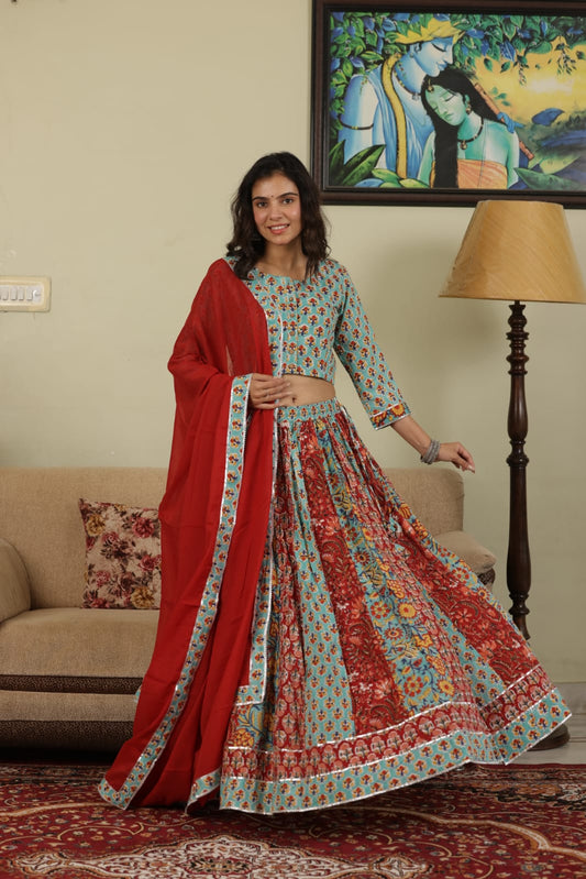 Bagru hand block printed  cotton designer top & skirt with mulmul duptta available..( lehenga choli)