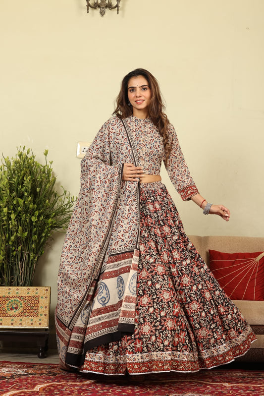Bagru hand block printed  cotton designer top & skirt with mulmul duptta available..( lehenga choli)